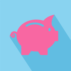 Vector business flat piggy bank icon with long shadow on blue background