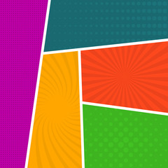 Colorful comic book page background in pop art style. Empty template with rays and dots pattern. Vector illustration
