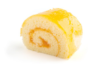 Orange roll cake on white background