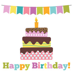Greeting Card with Sweet Cake for Birthday Celebration. Vector illustration
