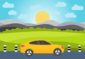 Yellow car on the road against the backdrop of the hills and the rising sun. Vector illustration.
