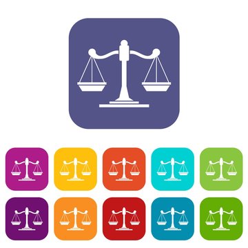 Scales of justice icons set vector illustration in flat style in colors red, blue, green, and other
