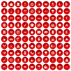 100 sushi bar icons set in red circle isolated on white vectr illustration