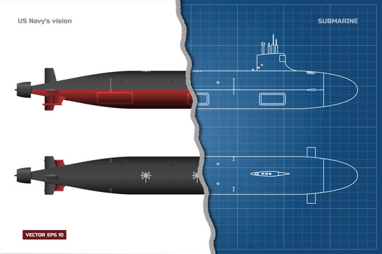 Blueprint Of Submarine. Military Ship. Top, Front And Side View. Battleship Model. Industrial Drawing. Warship In Outline Style