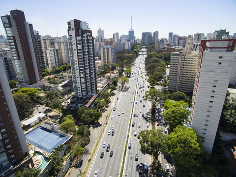 Drone photo of an avenue in a big city, 23 May Avenue, Sao Paulo, Brazil, South America 