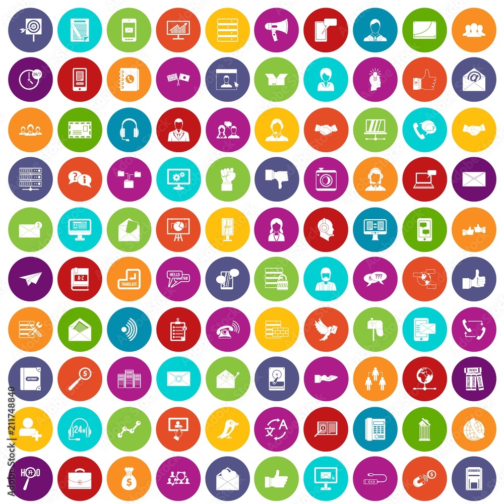 Poster 100 interaction icons set in different colors circle isolated vector illustration