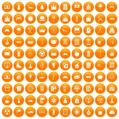 100 villa icons set in orange circle isolated on white vector illustration