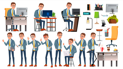Obraz premium Office Worker Vector. Face Emotions, Various Gestures. Businessman Person. Smiling Executive, Servant, Workman, Officer. Isolated Character Illustration