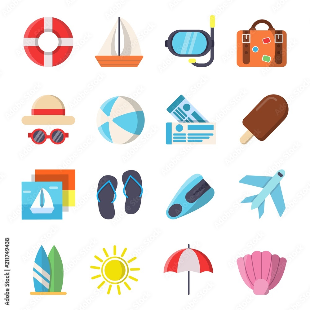 Sticker flat style pictures of summer travel symbols