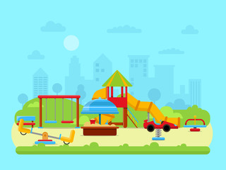 Fototapeta na wymiar Vector illustration of urban landscape with park and childrens playground