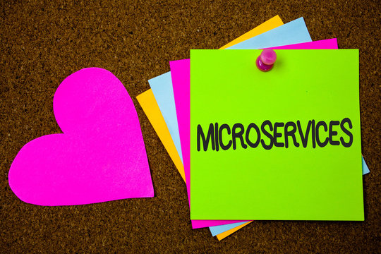 Handwriting text writing Microservices. Concept meaning Software development technique Decomposing an application Thumb pinned sticky cards love heart messages card remember sign board.