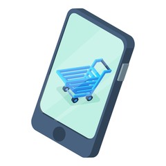 Shopping cart on phone screen icon. Isometric illustration of shopping cart vector icon for web design