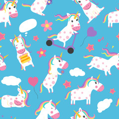 Unicorns seamless pattern. Various fairytale symbols with cute cartoon unicorns