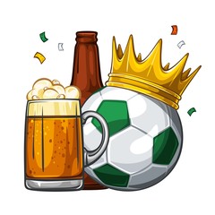 Vector colorful illustration of green soccer ball in golden crown with beer. Soccer ball with glass of light beer with sausage and brown bottle. Champion 1.1