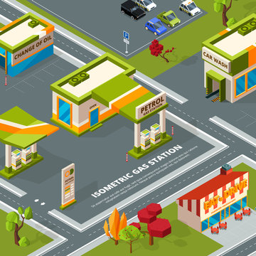Fuel station in urban landscape. Vector isometric pictures