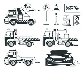 Evacuator cars. Monochrome pictures isolated
