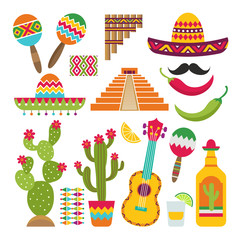 Mexican elements. Set of traditional Mexican symbols for various design projects