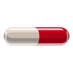 Red and white capsule pill icon. Cartoon illustration of red and white capsule pill vector icon for web design