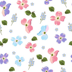 Spring autumn violet blue pink flowers seamless Pattern. Watercolor style floral background for wedding invitation, fabric, wallpaper, print. Botanical texture. Forget-me-not. White background.