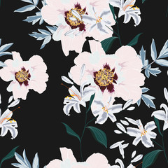 Floral Seamless pattern with pink peony flowers and lilies. Spring blooming for fabric, prints, wedding decoration, invitation, wallpapers.