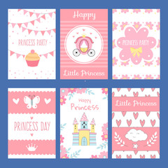 Fototapeta na wymiar Cards with funny illustrations for kids. Little princess and fairy tale symbols