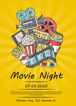 Vector cinema doodle icons poster for movie night or festival on sunrays bacgkround illustration