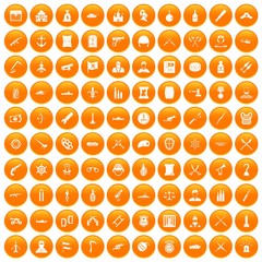 100 weapons icons set in orange circle isolated on white vector illustration