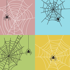 Spiderweb with spiders set. Colorful backgrounds. Shape of insects. Halloween party design elements.