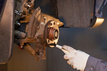 The man is repairing the disc brake