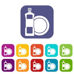 Dishwashing liquid detergent and dish icons set vector illustration in flat style in colors red, blue, green, and other