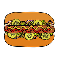 Hotdog. Bun, Sausage, Ketchup, Mustard, Salad Leave Herbs, Red Onion, Jalapeno Pepper, Pickles, Cucumber. Fast Food Collection. Hand Drawn High Quality Vector Illustration. Doodle Style.