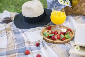 Happy sunny day at a picnic in the park. Flowers, fruits, drinks, a hat, a basket and a blanket. Copy space,