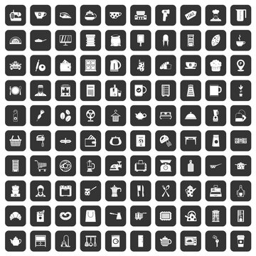 100 kitchen utensils icons set in black color isolated vector illustration