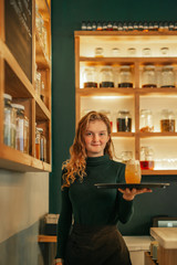 Smiling young waitress serving drinks in a trendy bar