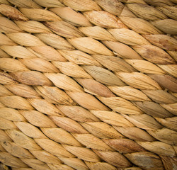 Woven straw background or texture, natural light yellow colour. Closeup