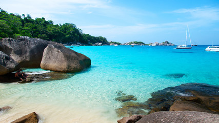 Similan island and vibrant turquoise blue Andaman sea. Phang Nga - Phuket, Thailand