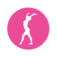 Icono plano silueta mujer gimnasia en suelo en circulo rosa © teracreonte