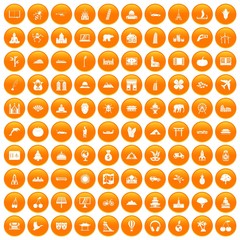 100 world icons set in orange circle isolated on white vector illustration