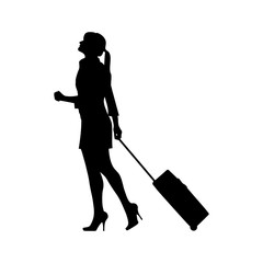 Icono plano silueta mujer con maleta con ruedas en color negro