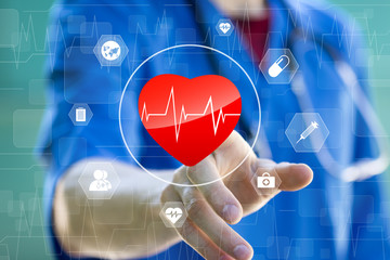 Doctor pushing button heart pulse healthcare network on internet panel medicine care