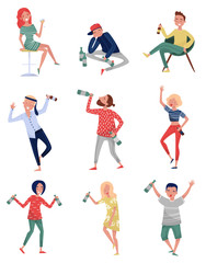Fototapeta na wymiar Smiling drunk people set, happy men and women with bottle of alcohol drink in their hands vector Illustrations on a white background