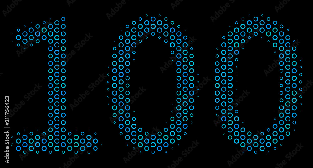 Poster halftone 100 text collage icon of circle elements in blue color hues on a black background. vector c