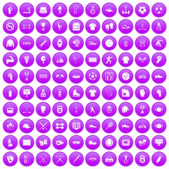 100 athlete icons set in purple circle isolated on white vector illustration