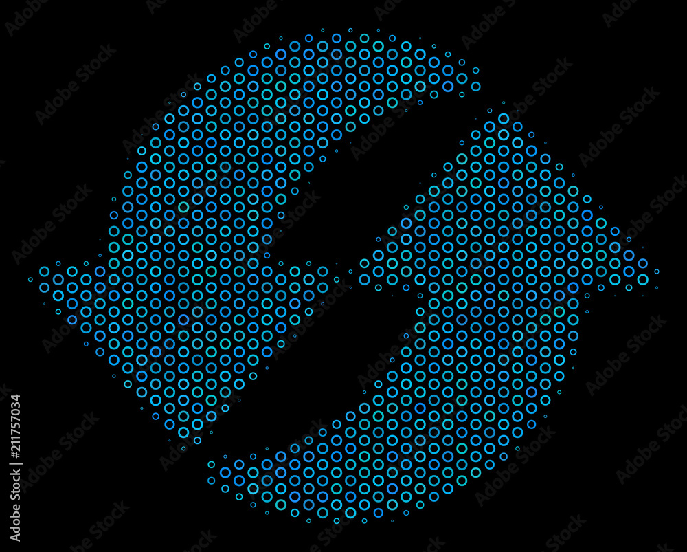 Poster halftone refresh composition icon of circle bubbles in blue color tinges on a black background. vect