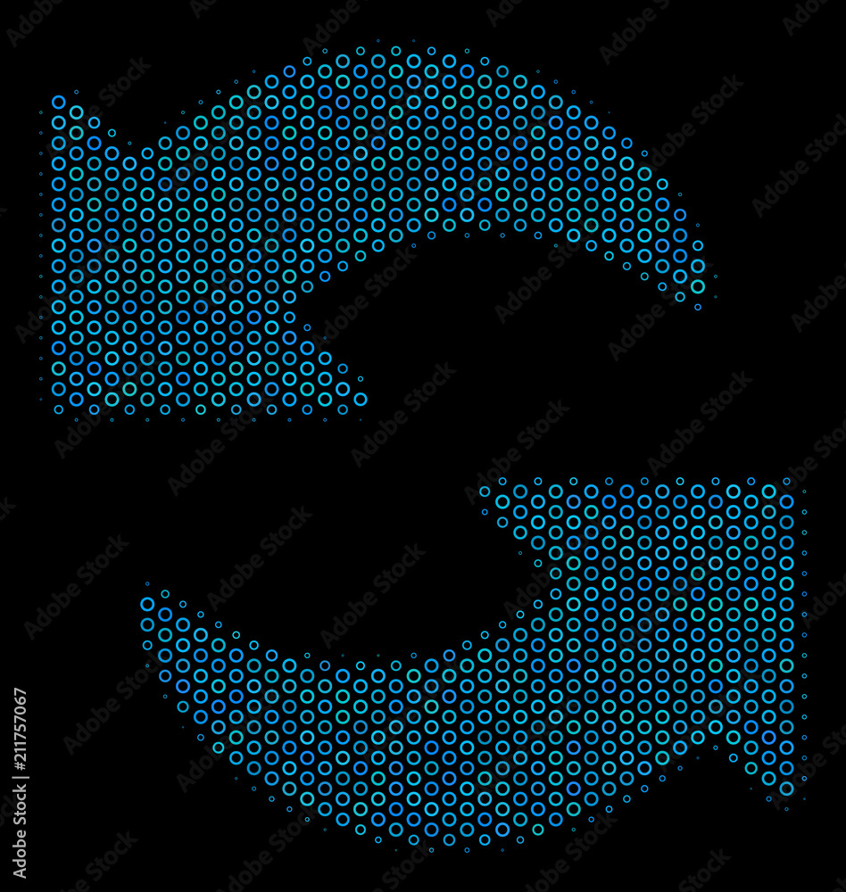 Poster halftone refresh composition icon of circle bubbles in blue color tones on a black background. vecto