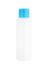 Plastic white shampoo bottle with blue cap isolated on white background. Gel dispenser for hair care. Container with body lotion