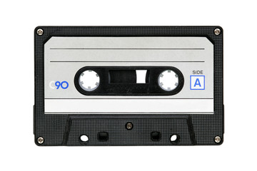 Close up of vintage audio cassette, isolated on white background