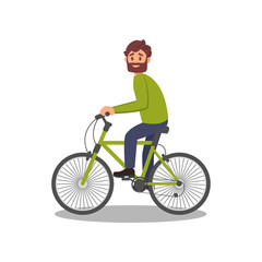 Fototapeta na wymiar Bearded man riding bicycle, healthy and active lifestyle, eco friendly alternative transportation vehicle vector Illustration on a white background