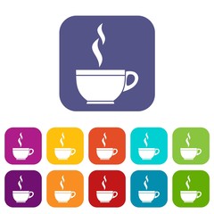 Glass cup of tea icons set vector illustration in flat style in colors red, blue, green, and other