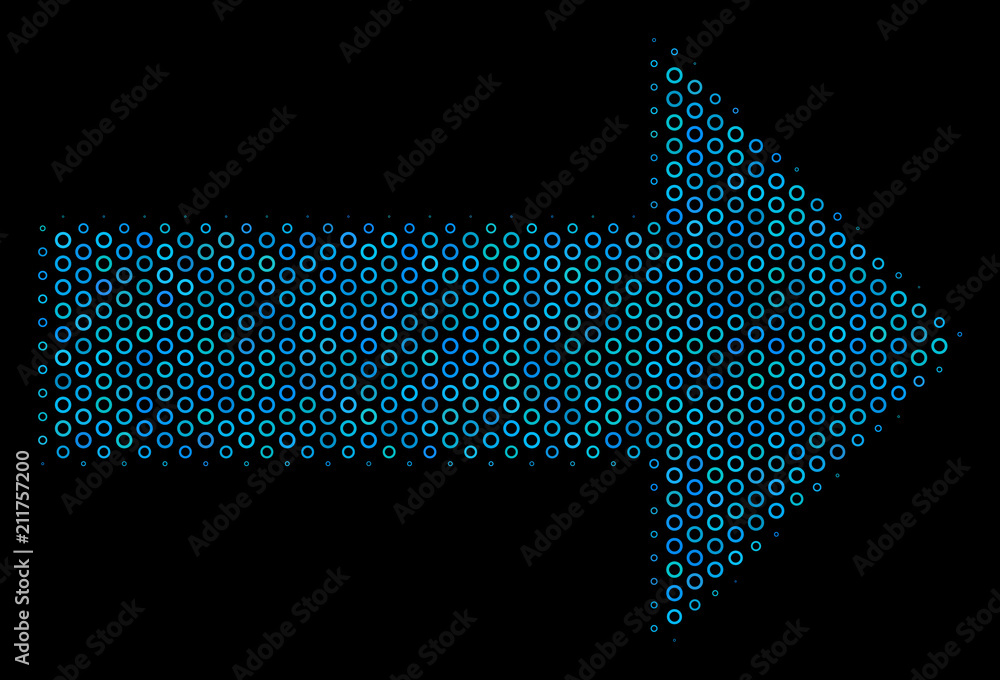 Poster halftone right arrow collage icon of empty circles in blue color tones on a black background. vector